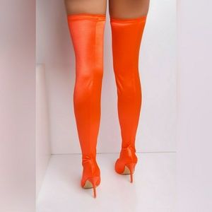 neon orange thigh high boots